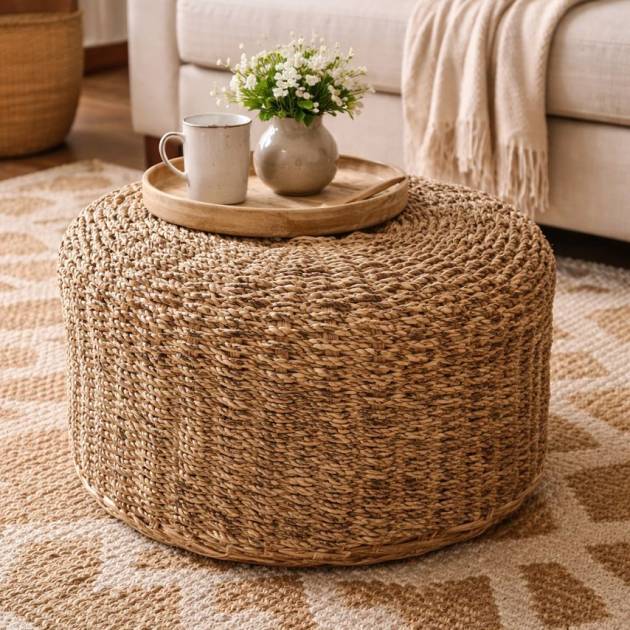 Handwoven Water Hyacinth Footstool + Ottoman + Table in one